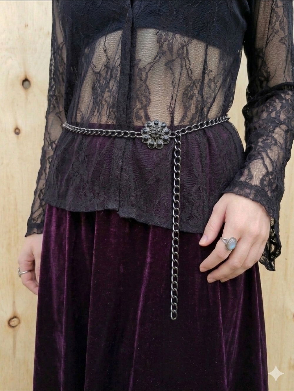 Gunmetal Chain Belt Floral Rhinestone Women OS Adjustable Whimsigoth Y2K Goth